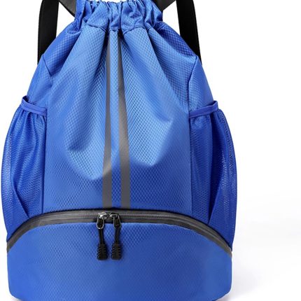 Drawstring Backpack Gym Bag with Shoes Compartment for Soccer, Basketball, Swim, Water-Resistant String Backpack Beach Cinch for Women Men, Blue