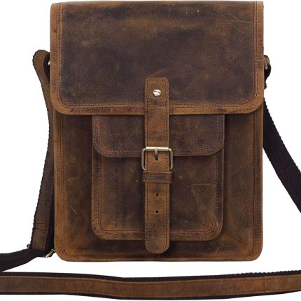 Leather crossbody bag messenger satchel tablet bag 11 inch for men and women (Distressed Tan Pocket)