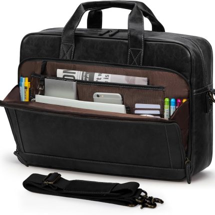 Mens Laptop Bag 16 Inch Leather Briefcase Vintage Messenger Bag for Men Large Crossbody Shoulder Office Computer Bag Retro College Satchel for Work, Business,Travel, Black